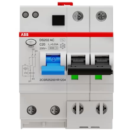 DS202 AC-C20/0,03, Diferencijalna automatska zaštitna (FID) sklopka, C-karakteristika, 20A, 30mA, 2-pola, 4 modula, Icn=6kA, Icu=10kA, tip AC