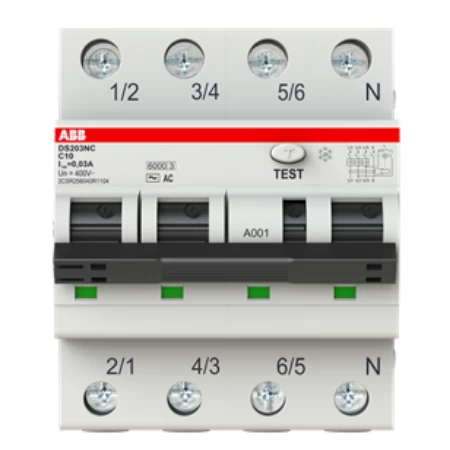 DS203NC C10 AC30, Diferencijalna automatska zaštitna (FID) sklopka, C-karakteristika, 10A, 30mA, 3P+N, 4 modula, Icn=6kA, Icu=10kA, tip AC