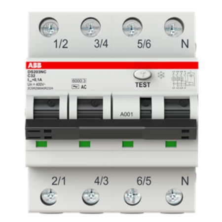 DS203NC C32 AC100, Diferencijalna automatska zaštitna (FID) sklopka, C-karakteristika, 32A, 100mA, 3P+N, 4 modula, Icn=6kA, Icu=10kA, tip AC