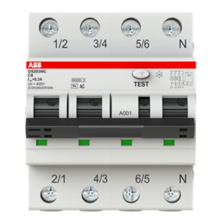 DS203NC C8 AC300, Diferencijalna automatska zaštitna (FID) sklopka, C-karakteristika, 8A, 300mA, 3P+N, 4 modula, Icn=6kA, Icu=10kA, tip AC