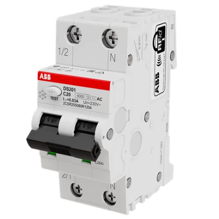 DS201 C20 AC30, Diferencijalna automatska zaštitna (FID) sklopka, C-karakteristika, 20A, 30mA, 2 modula, 6kA